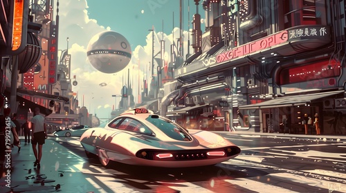 Futuristic cityscape with retro-inspired hovercars and towering skyscrapers under clear skies photo
