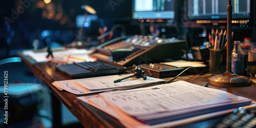 Close-up of a theatrical stage manager's desk with production scripts and stage cues, showcasing a job in stage management