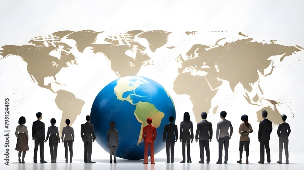 Multicultural people standing in front of world map, human puppet characters near Earth, world population and ethnic concept on minimalist white background copy space, puppet characters. Generative AI