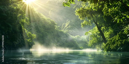 Beautiful green forest with sunlight shining through the trees and mist rising from a river