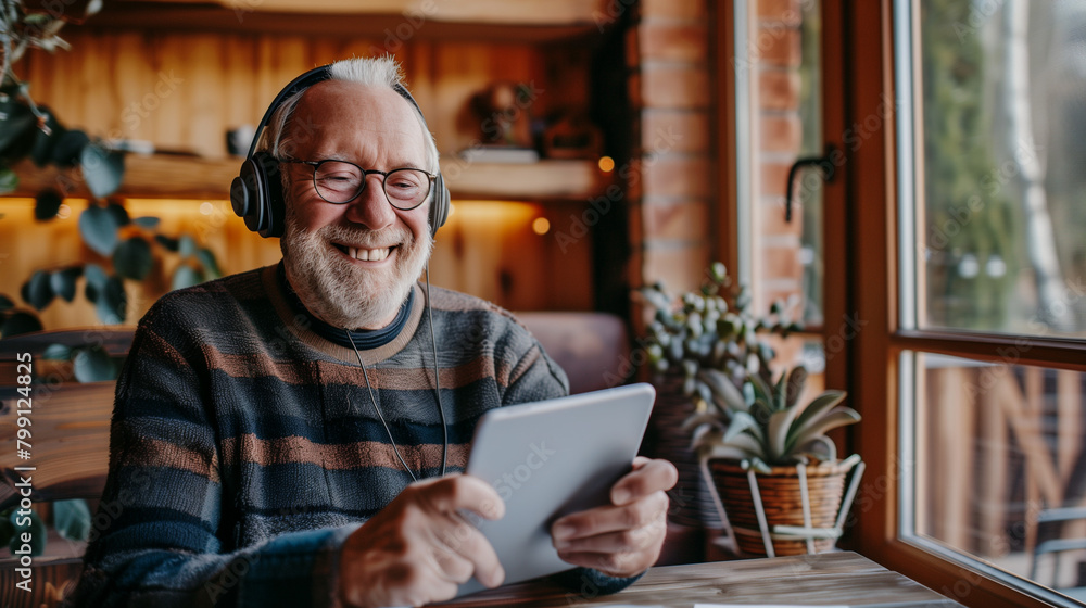 Happy senior man using tablet and headphones to watch video online in a modern cafe. Happy senior man using tablet and headphones to watch video online in a modern cafe.
