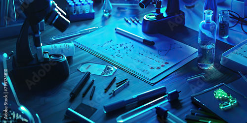 Close-up of a forensic scientist's desk with forensic evidence and lab equipment, symbolizing a job in forensic science