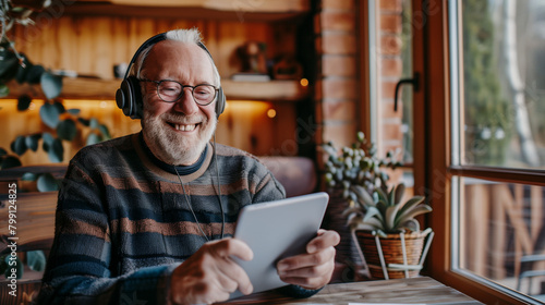 Happy senior man using tablet and headphones to watch video online in a modern cafe.