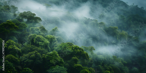 A misty rainforest canopy shrouded in morning fog, with lush green trees and soft light filtering through the clouds