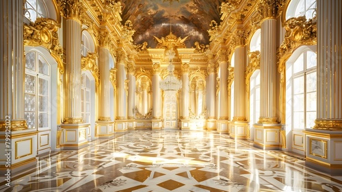 gold marble interior of the royal golden palace.  castle interior with checkered floor. Luxurious palace royal interior. © Basketball