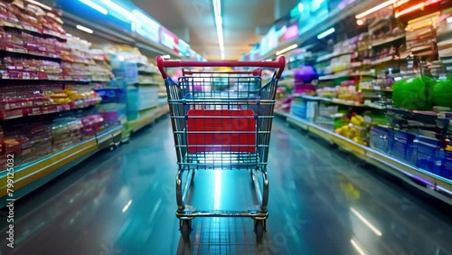 Overfilled shopping carts speeding through store symbolize environmental impact of overconsumption. Concept Environmental Impact, Overconsumption, Shopping Carts, Consumerism, Sustainability photo