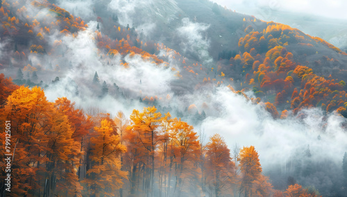 Autumn mountain forest with orange trees, white clouds and mist in the valley