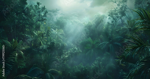 A dense jungle with towering trees, lush foliage, and misty air