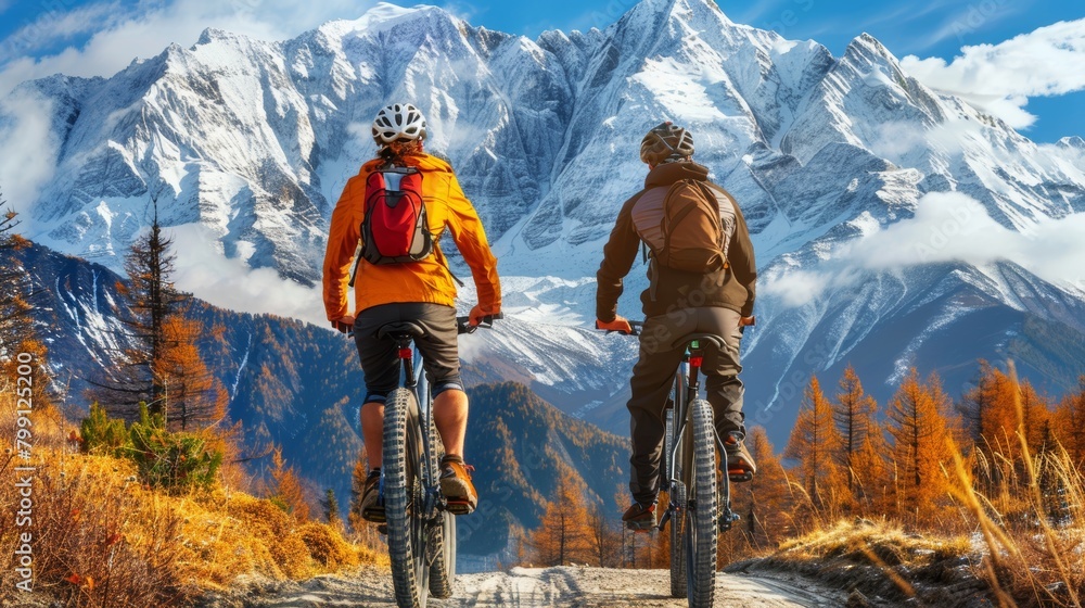 Fototapeta premium Marathon mountain bike racers navigating through challenging terrain in scenic mountain landscape