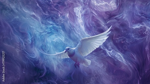 Surreal Serenity: A dove glides through a cosmic swirl, radiance in motion. photo