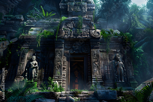 An ancient temple hidden in the jungle  with stone statues and carvings depicting scenes of war and battle