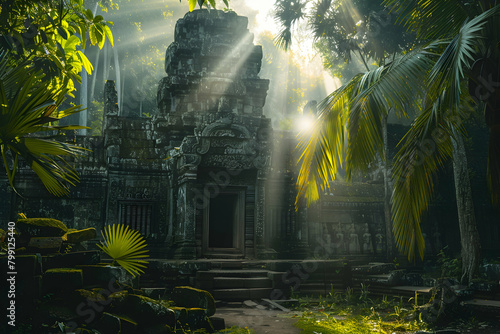 A mystical ancient temple hidden in the jungle, bathed in rays of sunlight filtering through dense foliage