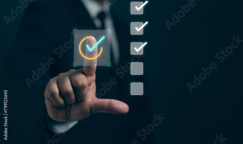 Businessman touching hand select online check survey filling out, digital form checklist satisfaction questionnaire, feedback report result of voting client. Business performance monitoring concept.