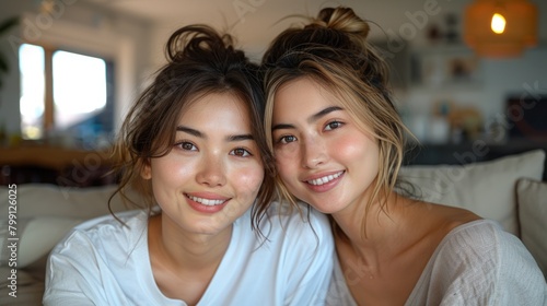 Selfie of asian with her friend in the living room.  