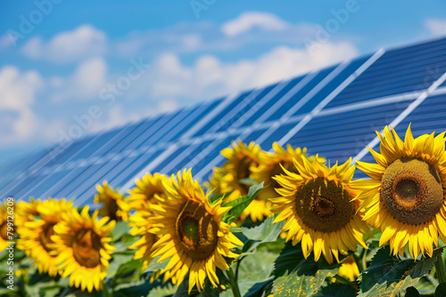 Field of sunflowers with pohotovoltaic solar cells in blurry background