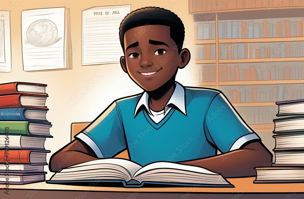 Cartoon illustration of smiling African American boy sitting at library ...