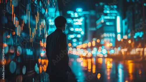 A businessman analyzes digital stock market data on a large display in a high-tech urban environment at night. 