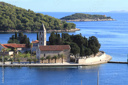 view on the peninsula with the Church of St. Jerome, island Vis, Croatia
