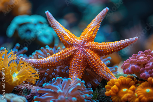 A vibrant starfish gracefully adorns the coral reef, its intricate patterns and colors adding to the marine beauty. Created with Ai © AllAbout