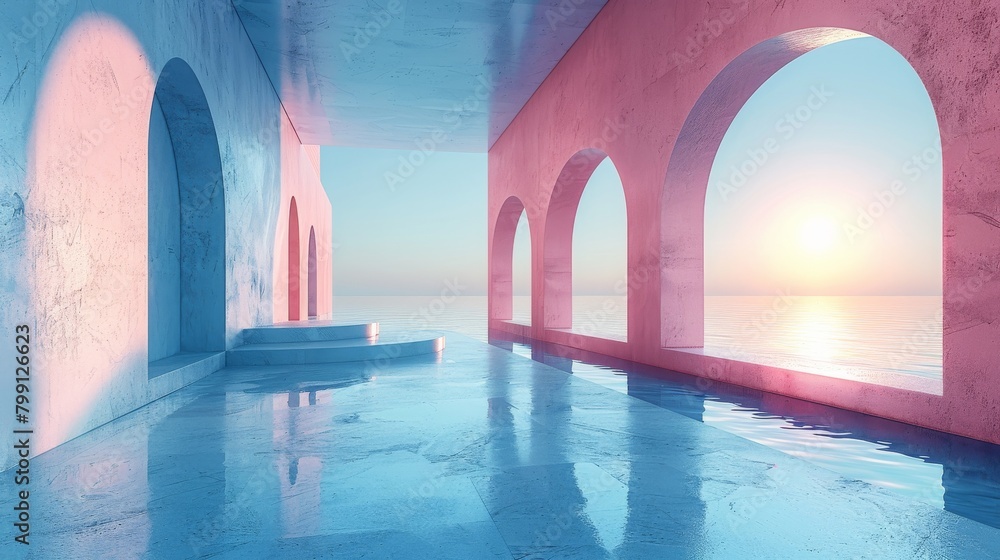 Pastel dreamscape with 3D minimalist structures serene