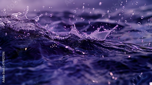 A photo of a close up of ocean waves, dark blue and purple colors, bubbles in the water, sun rays shining through.