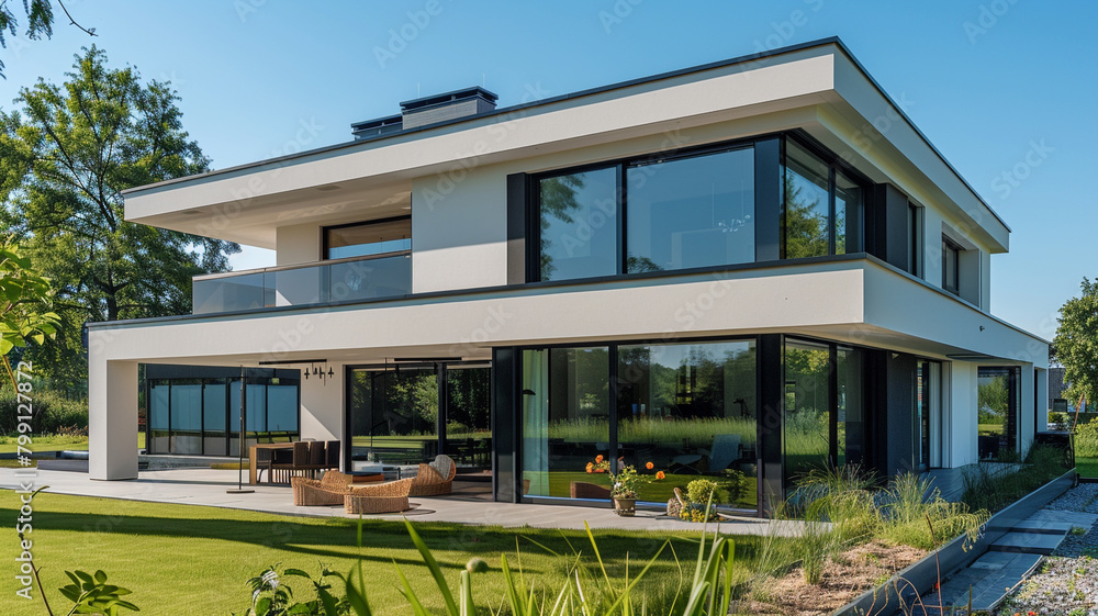 A sleek, contemporary home with an emphasis on clean lines and functional design, set on a sunny summer afternoon.