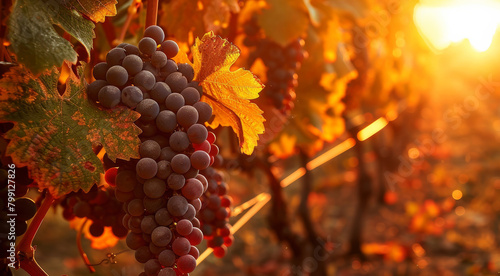 Ripe red wine grapes hang in clusters among green leaves in a vineyard during autumn photo