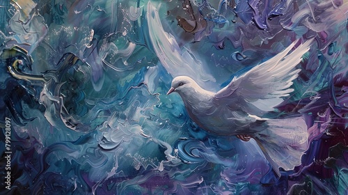 Surreal Serenity: A dove glides through a cosmic swirl, radiance in motion.