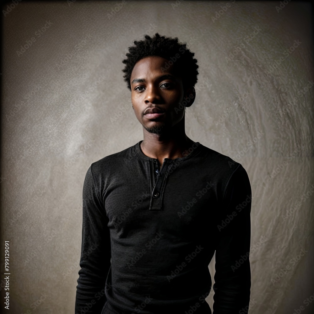 A young man with black hair and a beard stands by a wall in a black shirt A young man with black hair and a beard stands by a wall in a black shirt