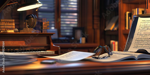 Close-up of a voice actor's desk with script excerpts and vocal warm-up exercises, representing a job in voice acting