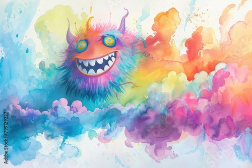 A single playful cartoon monster in watercolor, splashed with a spectrum of soft pastels, smiling mischievously amidst playful clouds, photo