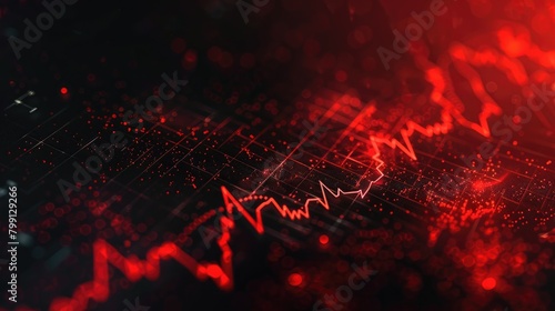 Closeup view of a sharply declining red stock chart, highlighting the dramatic fall in values, against a dark background, photo
