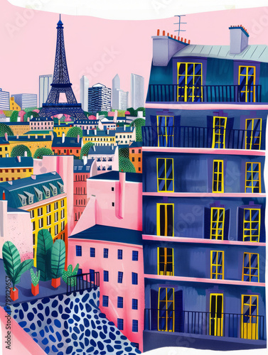 Paris city skyline cute colorful hand drawn style illustration
