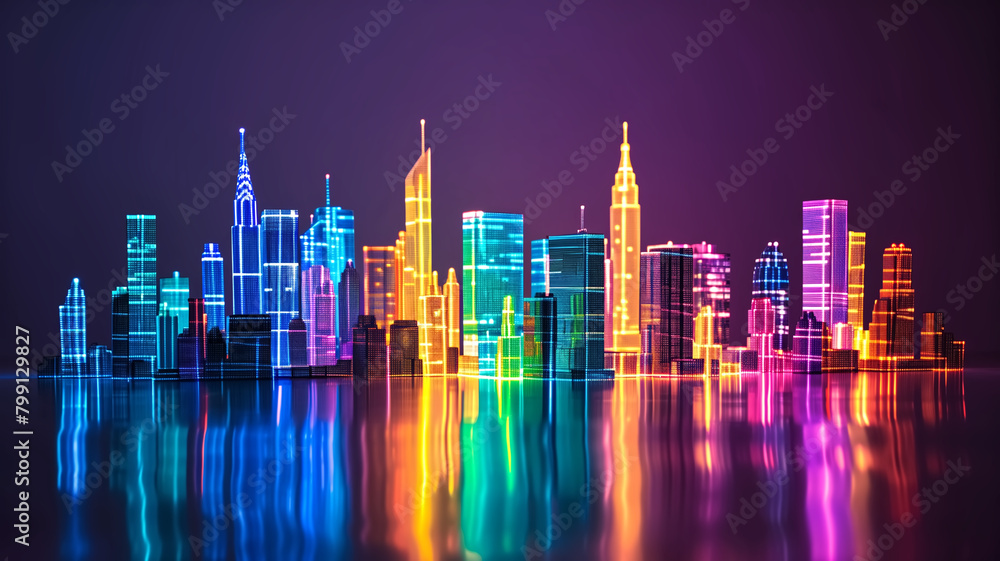 Digital illustration of a vibrant city skyline with neon colors and reflections on water, symbolizing urban energy and technology.
