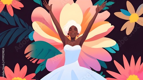 Illustration of a white-haired African American woman floating above a large flower  raising her arms in celebration. Simple  energetic and happy. Generative AI