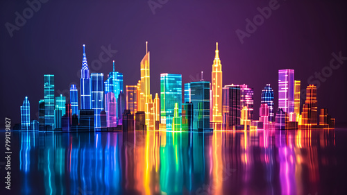 Digital illustration of a vibrant city skyline with neon colors and reflections on water  symbolizing urban energy and technology. 