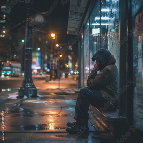 Man sitting at a bus stop at night