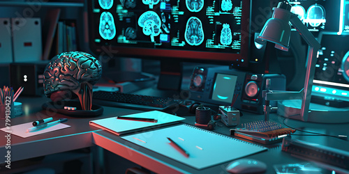 Close-up of a neuropsychologist's desk with cognitive assessment tools and brain imaging scans, illustrating a job in neuropsychology. photo