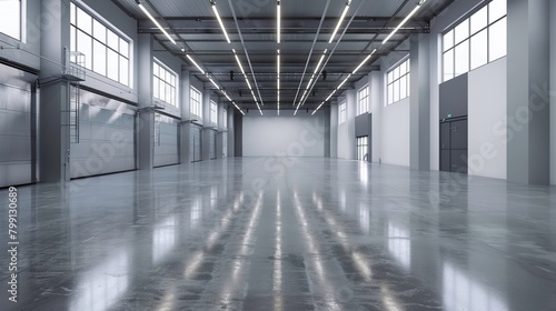 Spacious and modern empty gray industrial warehouse interior with bright lighting and a clean, polished concrete floor, reflecting a minimalistic design