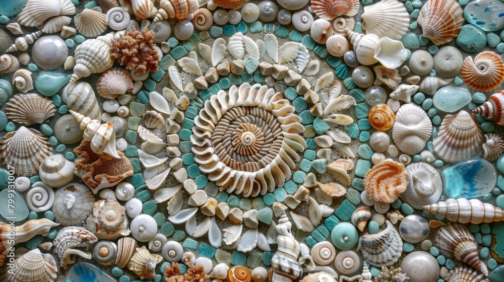 A unique mandala created with a mix of ocean treasures including seashells coral and sea glass arranged in a circular pattern resembling a swirling tidal pool.. A unique mandala created with a mix of ocean treasures including seashells coral and sea glass arranged in a circular pattern resembling a swirling tidal pool..