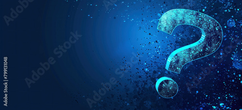 Mysterious blue question mark surrounded by water droplets and splashes on dark blue background