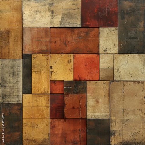 A minimalist geometric pattern composed of large, overlapping squares and rectangles in earthy tones like ochre and rust, with a subtle grunge texture for added depth