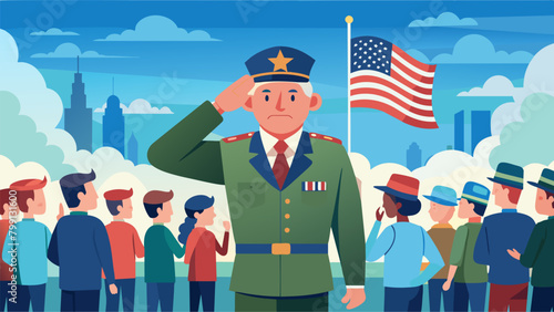 A veteran standing at attention in their uniform saluting the flag during a Veterans Day parade while onlookers cheer and wave flags.. Vector illustration