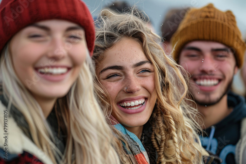 A blond woman laughing with her group of friends, joyful expression 