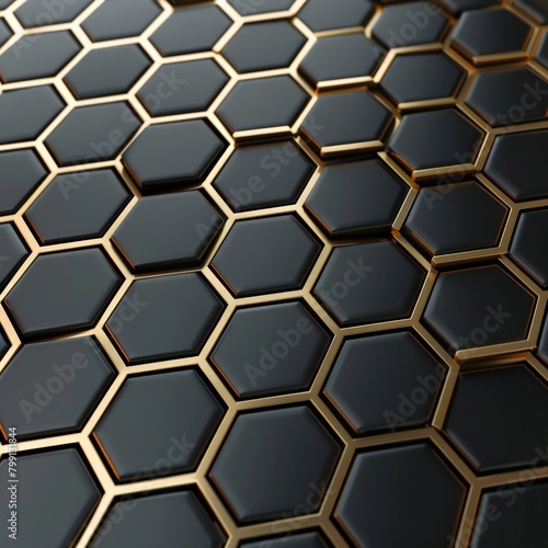 A modern presentation background with a geometric pattern of interlocking white hexagons outlined in gold, set against a sleek black backdrop 