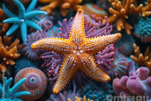 A closeup shot of an orange starfish in the ocean, surrounded colorful coral and marine life. Created with Ai © madiha