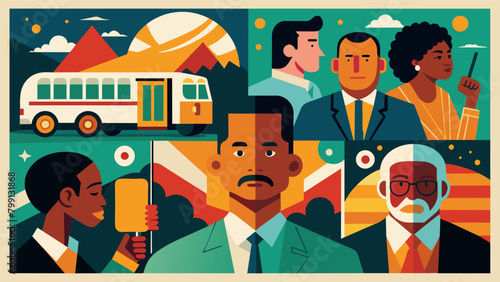 A montage of key moments from the civil rights movement with emphasis on the bravery and determination of the Freedom Riders.. Vector illustration