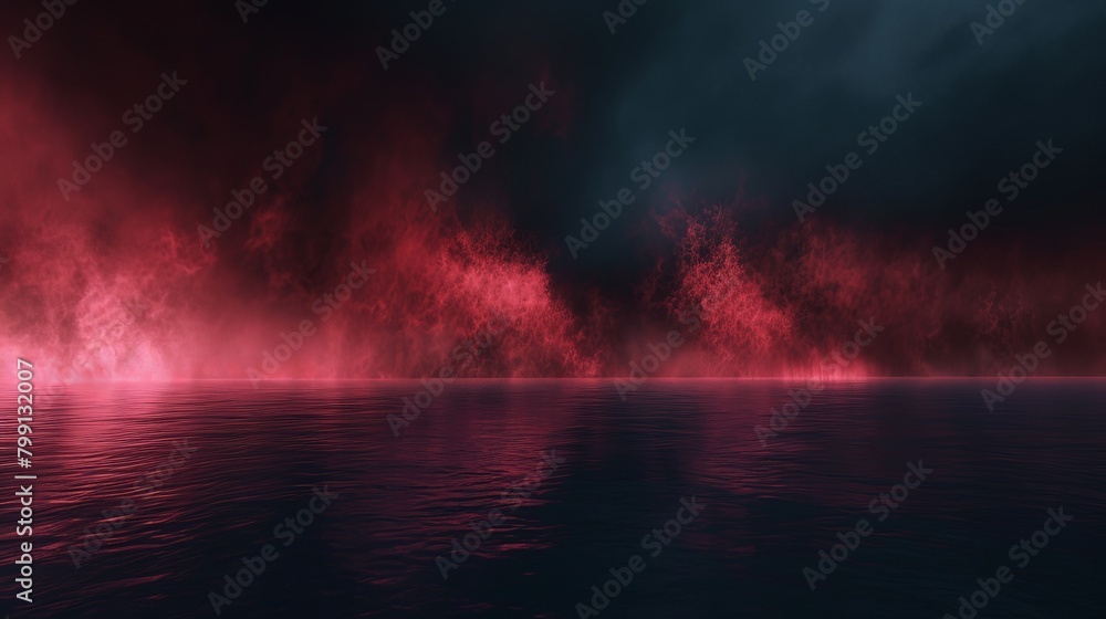 A panoramic abstract landscape with a crimson fog rolling across a vast black expanse, reminiscent of a mysterious swamp at night  