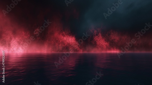 A panoramic abstract landscape with a crimson fog rolling across a vast black expanse, reminiscent of a mysterious swamp at night 