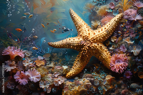 A starfish in an underwater coral reef  surrounded by colorful corals and marine life. Created with Ai